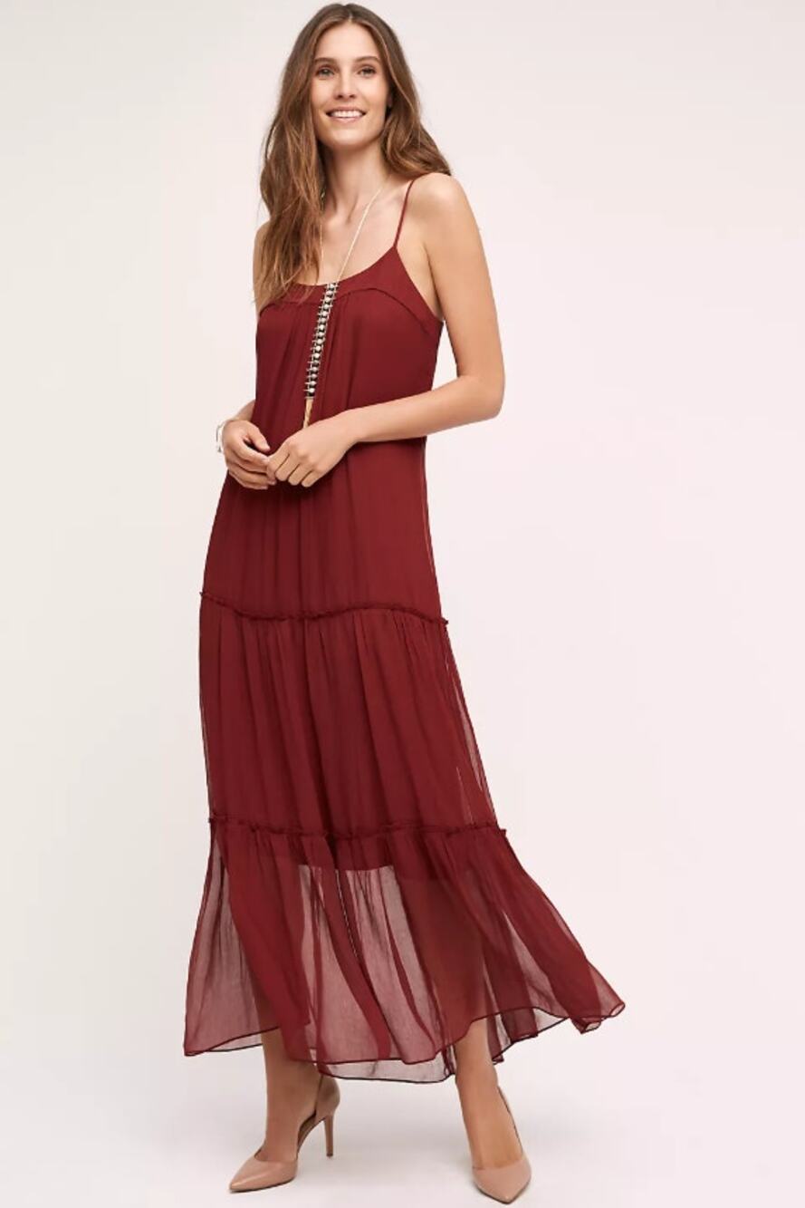 Anthropologie Floreat Saffa Chiffon Tiered Maxi Peasant Dress Women Size S Wine